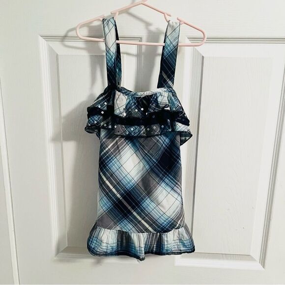 Justice Sequin Ruffle Blue Plaid Tank Top Silver Theead Trim Girls 12 - Picture 6 of 9